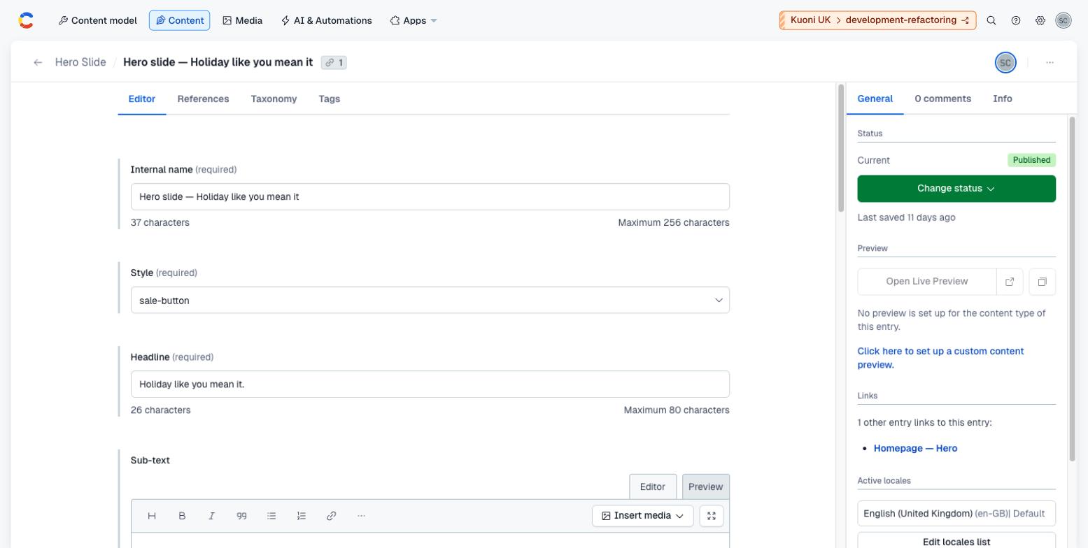 A Hero Slide entry in Contentful showing Internal name, Style, Headline and the start of Sub-text.