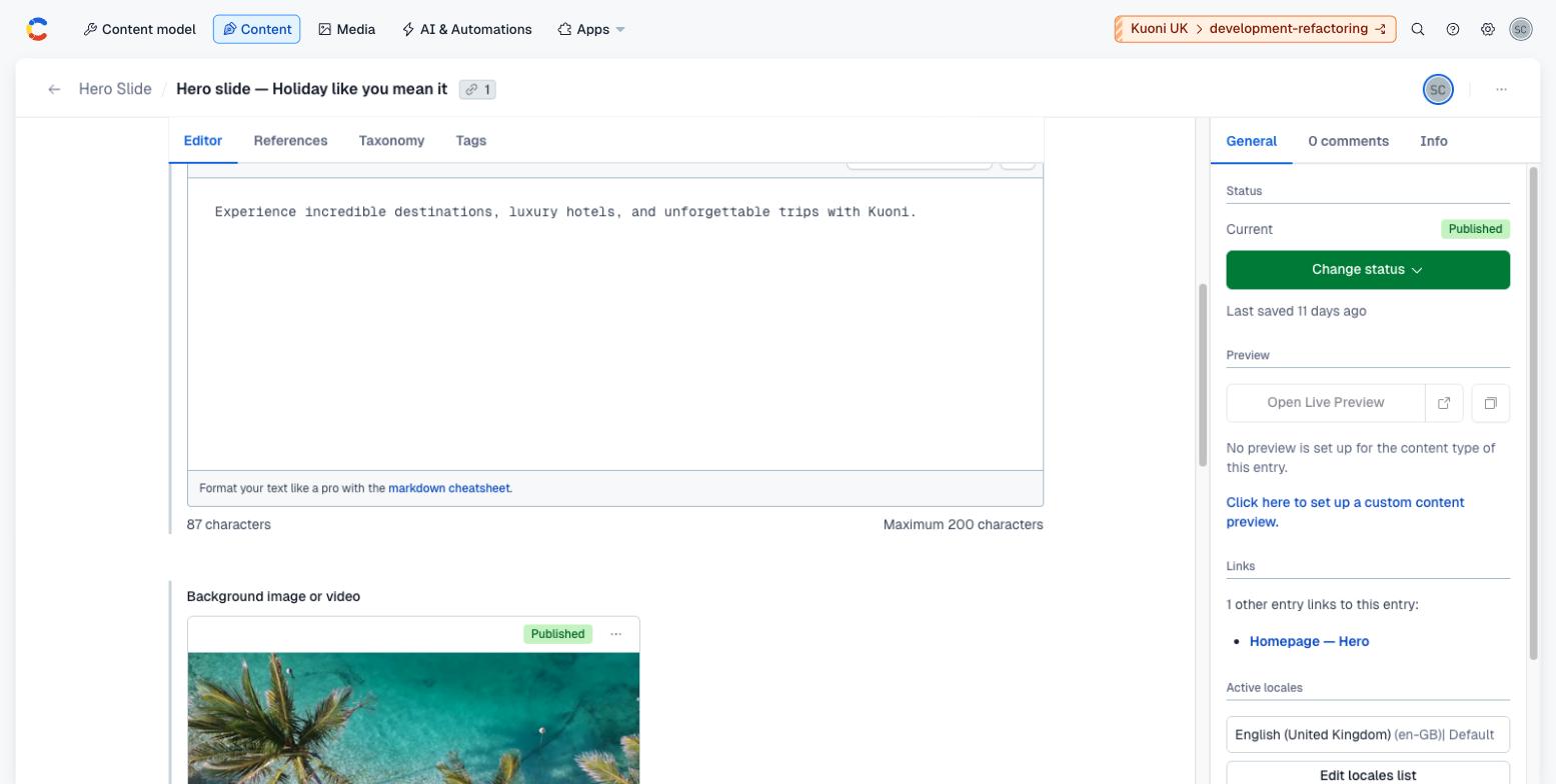 The same Hero Slide entry scrolled down, showing the Sub-text content and the Background image or video field holding a photo.