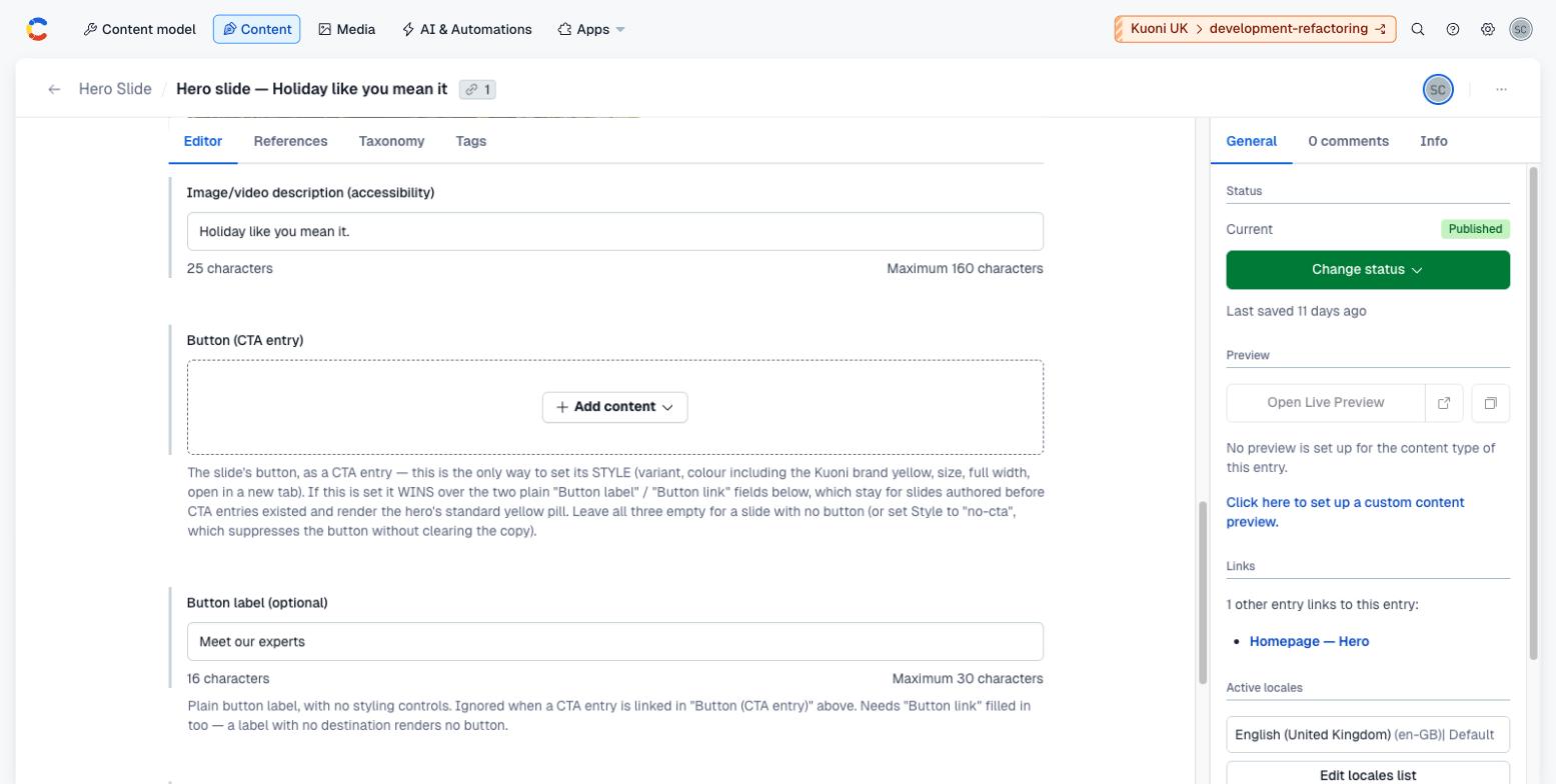 The Hero Slide entry scrolled to the bottom: Image/video description, Button (CTA entry), and Button label.