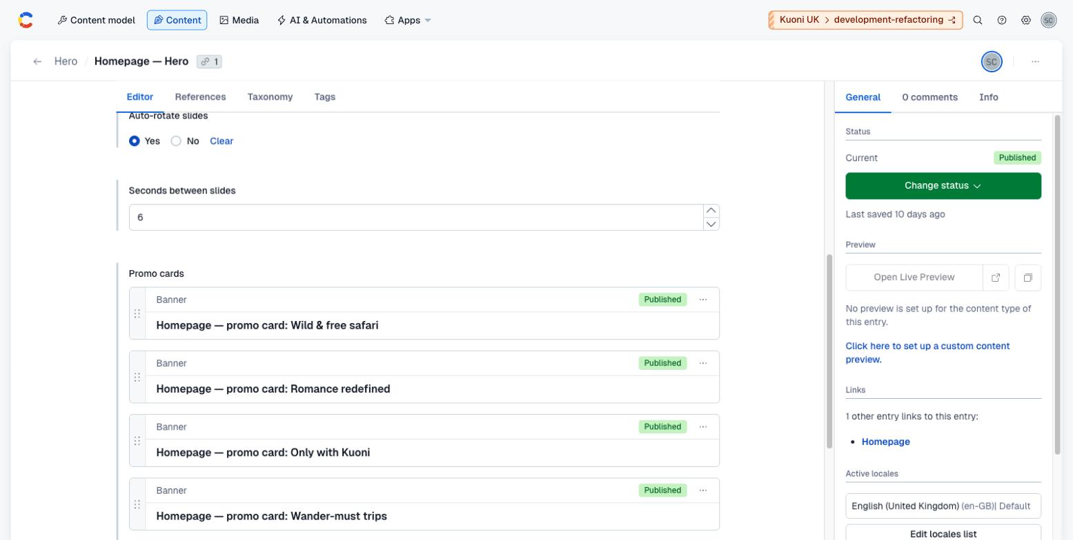 The lower half of the Hero entry in Contentful: Auto-rotate slides, Seconds between slides, and the Promo cards list.