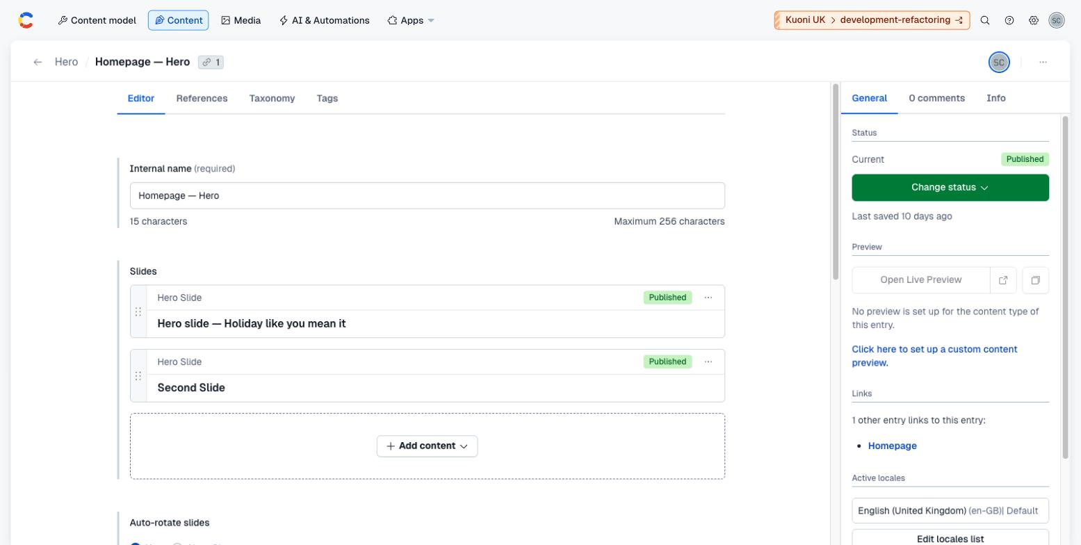 The Homepage — Hero entry open in Contentful, showing Internal name and the Slides list with two hero slides.