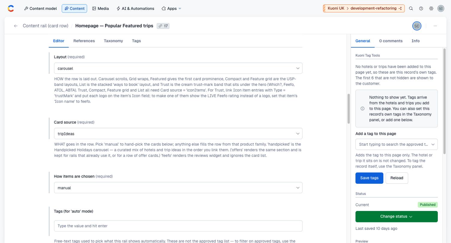 The same entry scrolled to the Layout and Card source dropdowns, showing carousel and tripIdeas with their help text.