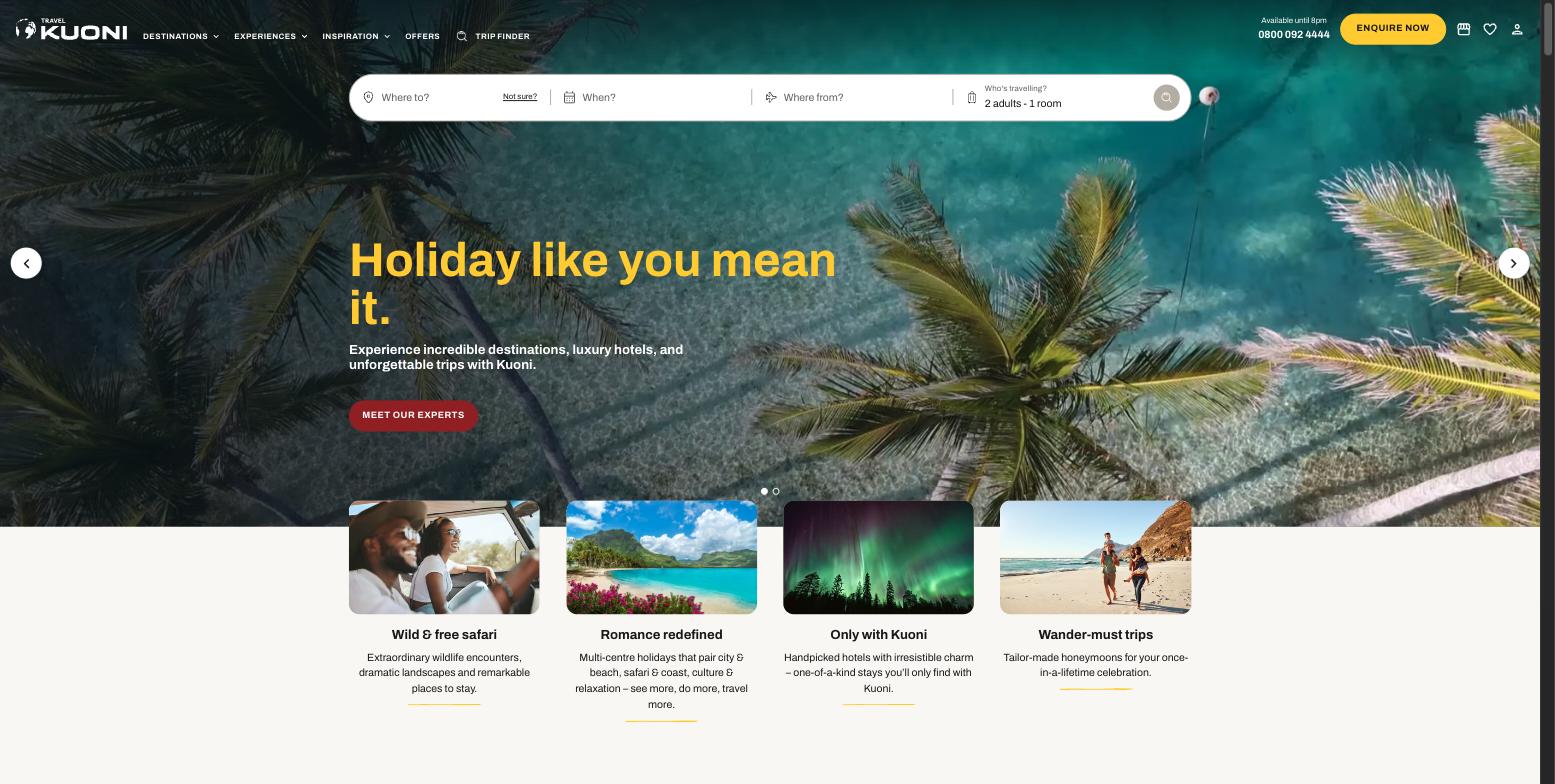 The Kuoni home page hero showing the headline 'Holiday like you mean it.' over a photo of palm trees, with a button and four promo cards below.