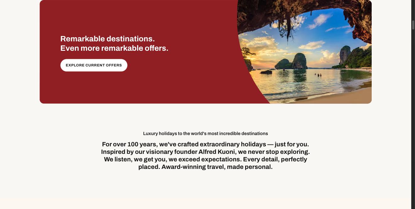 A red banner reading 'Remarkable destinations. Even more remarkable offers.' with an Explore Current Offers button and a beach photo curving in from the right.