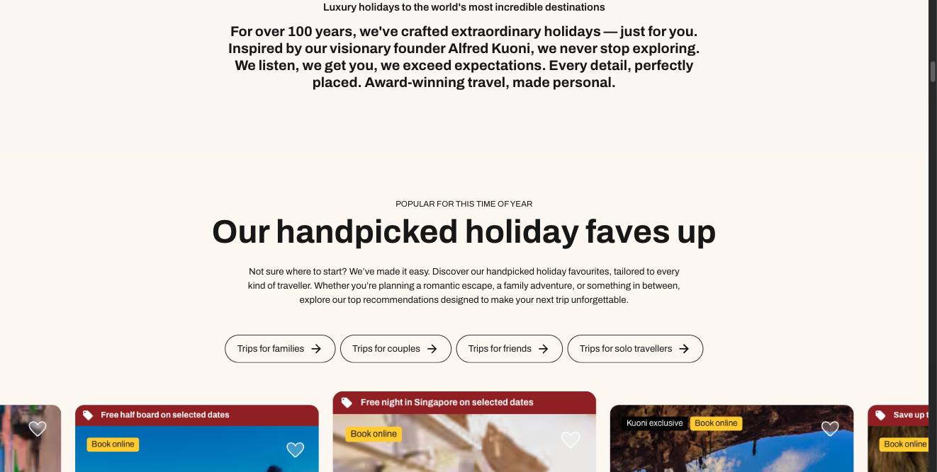 Centred introduction text: 'Luxury holidays to the world's most incredible destinations' above a paragraph about Kuoni's history.