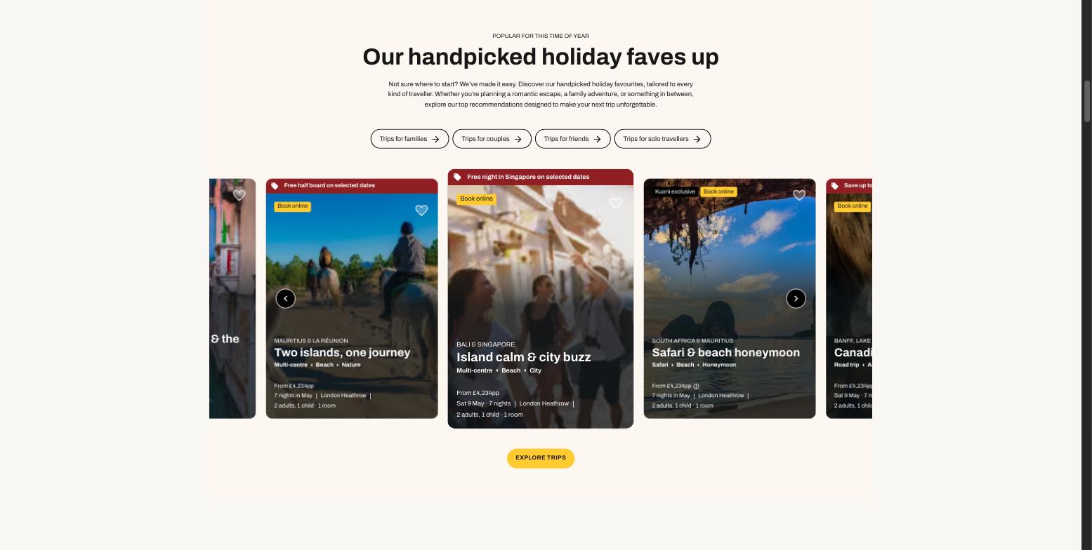 A carousel of trip cards under the heading 'Our handpicked holiday faves up', each with a photo, destination, title, tags and a price.