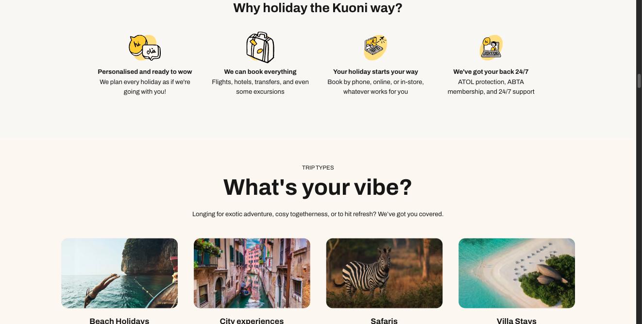 Four icons in a row under 'Why holiday the Kuoni way?', each with a bold title and a line of description.
