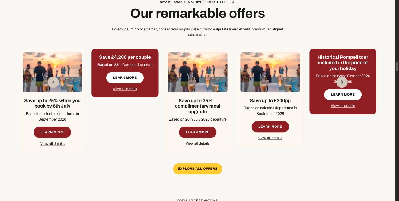 A row of offer cards under 'Our remarkable offers', mixing cream cards with photos and flat red cards with text only.