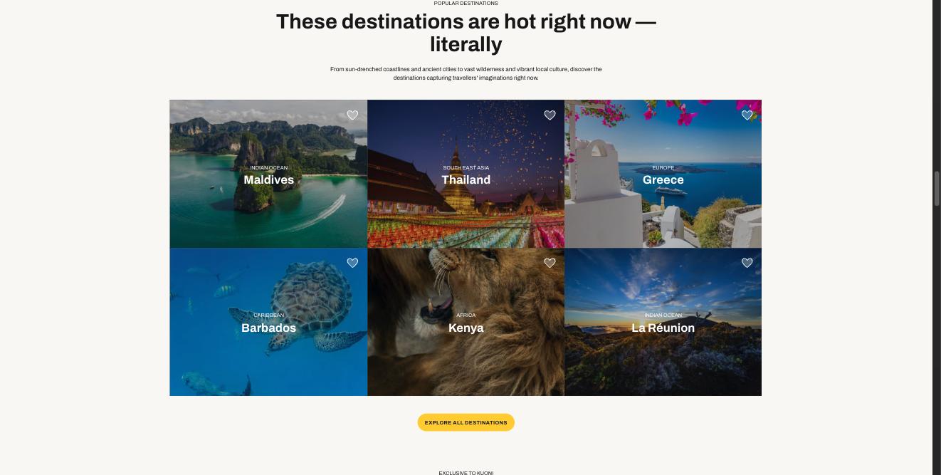 A grid of six destination photos labelled Maldives, Thailand, Greece, Barbados, Kenya and La Réunion, each with its region above the name.