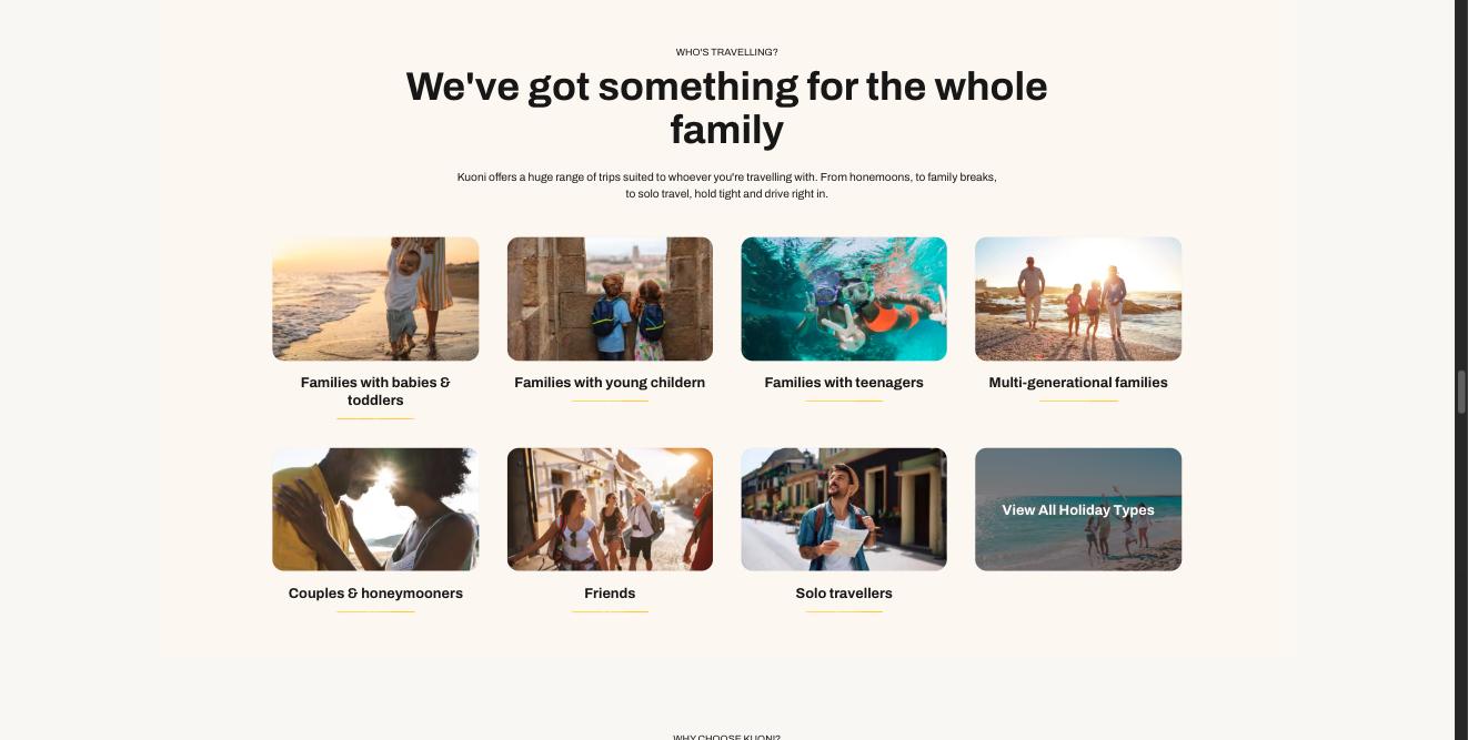 Eight picture tiles under 'We've got something for the whole family', labelled by traveller type, ending with View All Holiday Types.