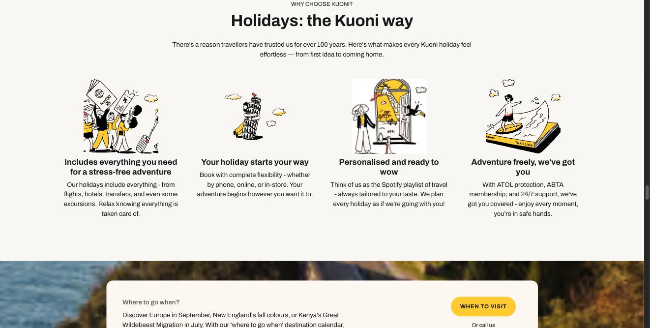 Four large illustrations under 'Holidays: the Kuoni way', each with a bold title and a paragraph.