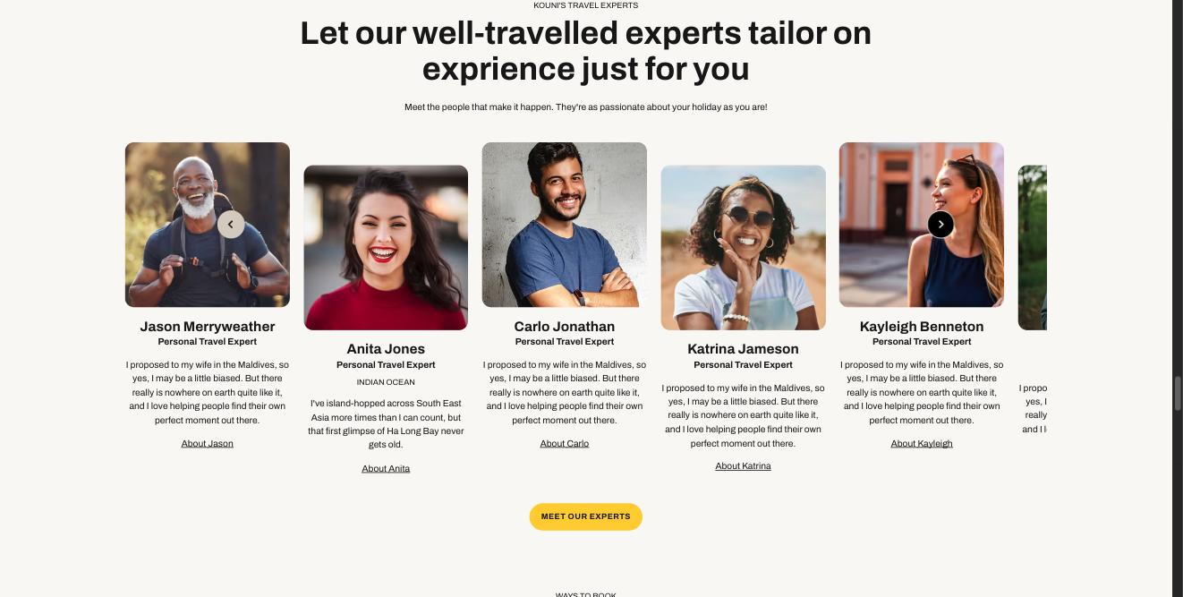 A row of expert cards, each with a portrait photo, a name, the role Personal Travel Expert, a short bio and an About link.