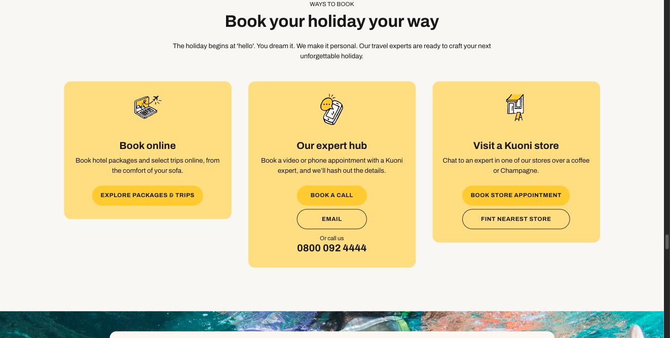 Three yellow panels under 'Book your holiday your way': Book online, Our expert hub and Visit a Kuoni store, each with an icon and buttons.