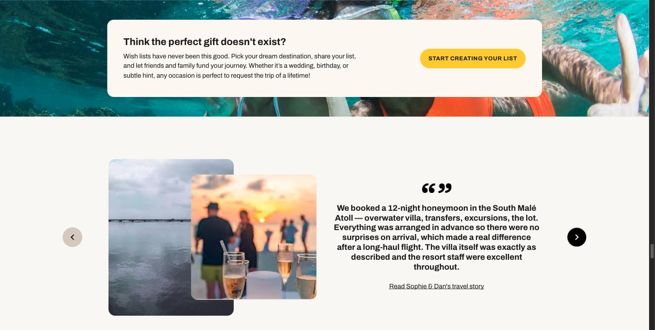 A cream card over an underwater photo, headed 'Think the perfect gift doesn't exist?' with a Start Creating Your List button.