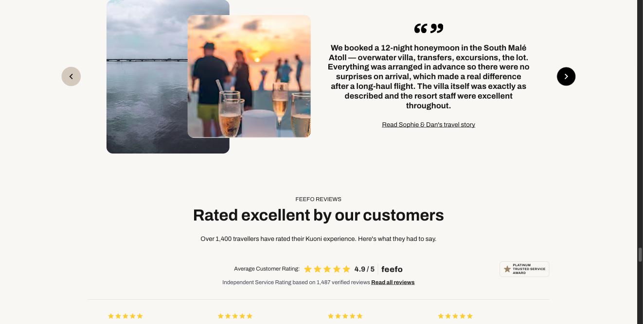 A customer testimonial with two overlapping holiday photos on the left and a quote about a Maldives honeymoon on the right.