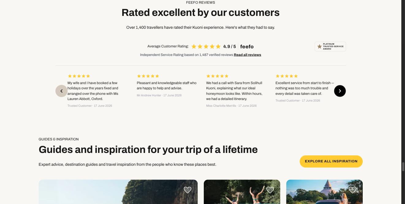 The Feefo reviews section showing a 4.9 out of 5 average, a Platinum Trusted Service Award badge, and four short customer reviews.