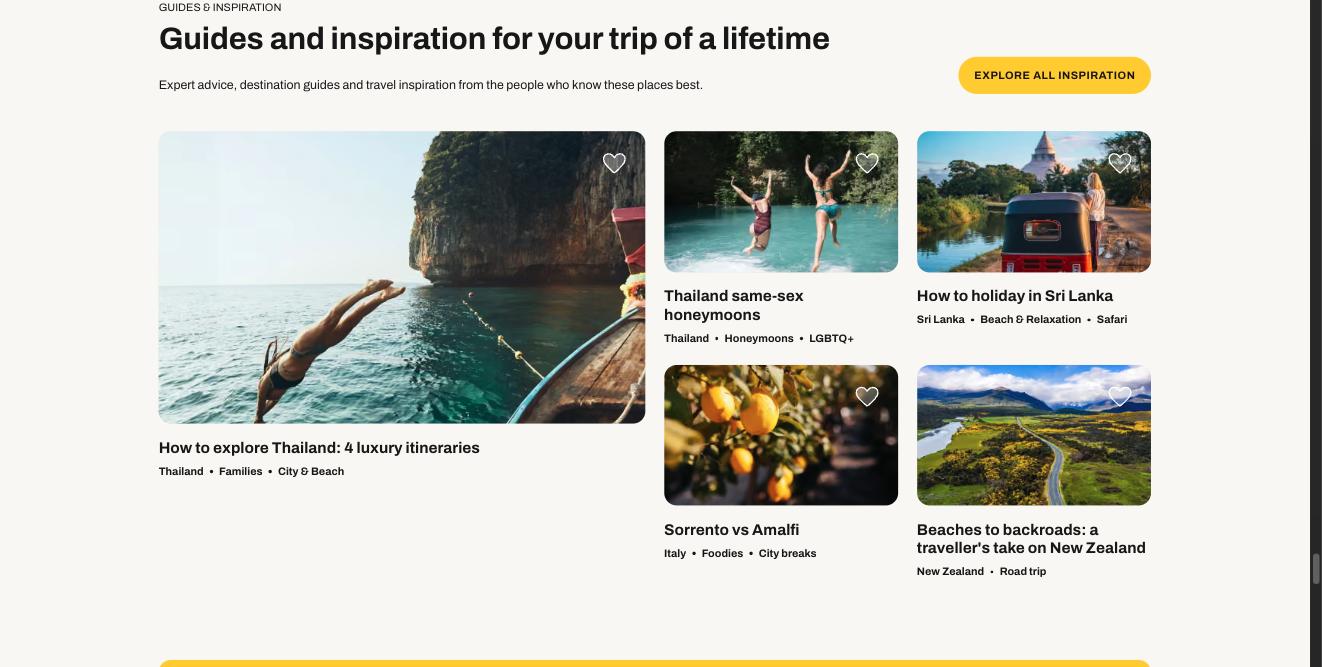 One large article tile about exploring Thailand beside four smaller article tiles, each with a title and topic tags.