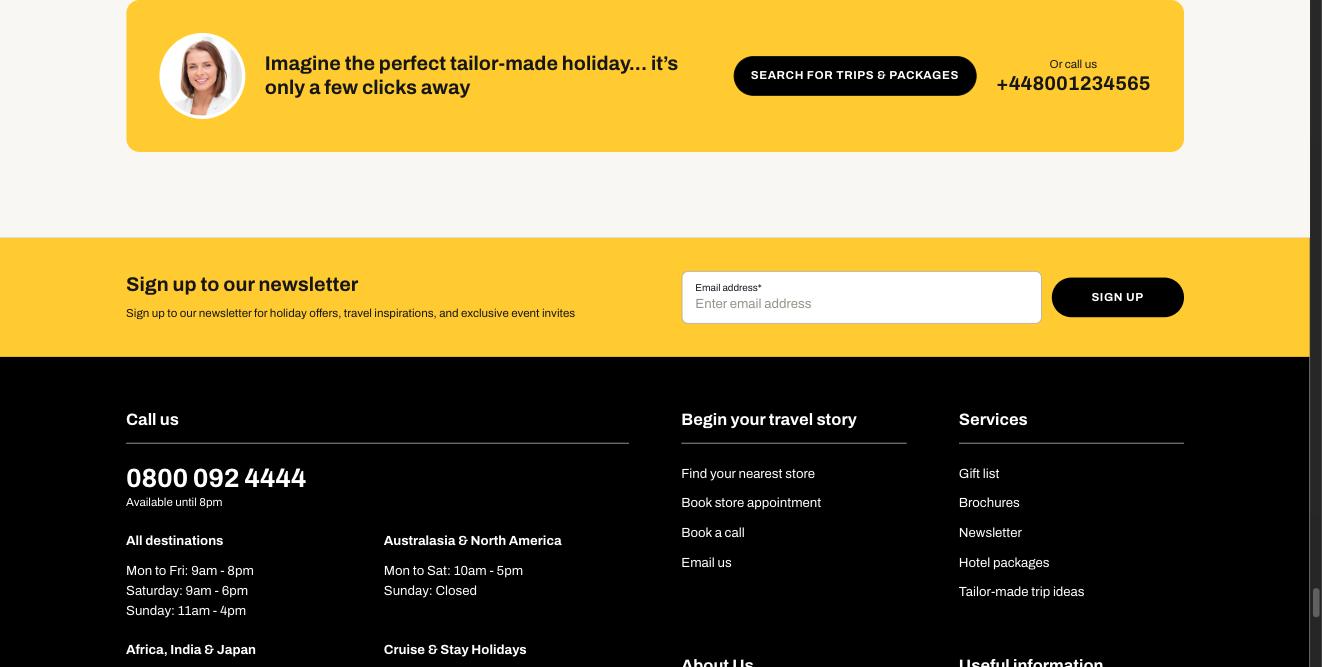 A yellow band with a round portrait, the line 'Imagine the perfect tailor-made holiday… it's only a few clicks away', a black Search For Trips & Packages button and a phone number. The newsletter sign-up and footer sit below it.