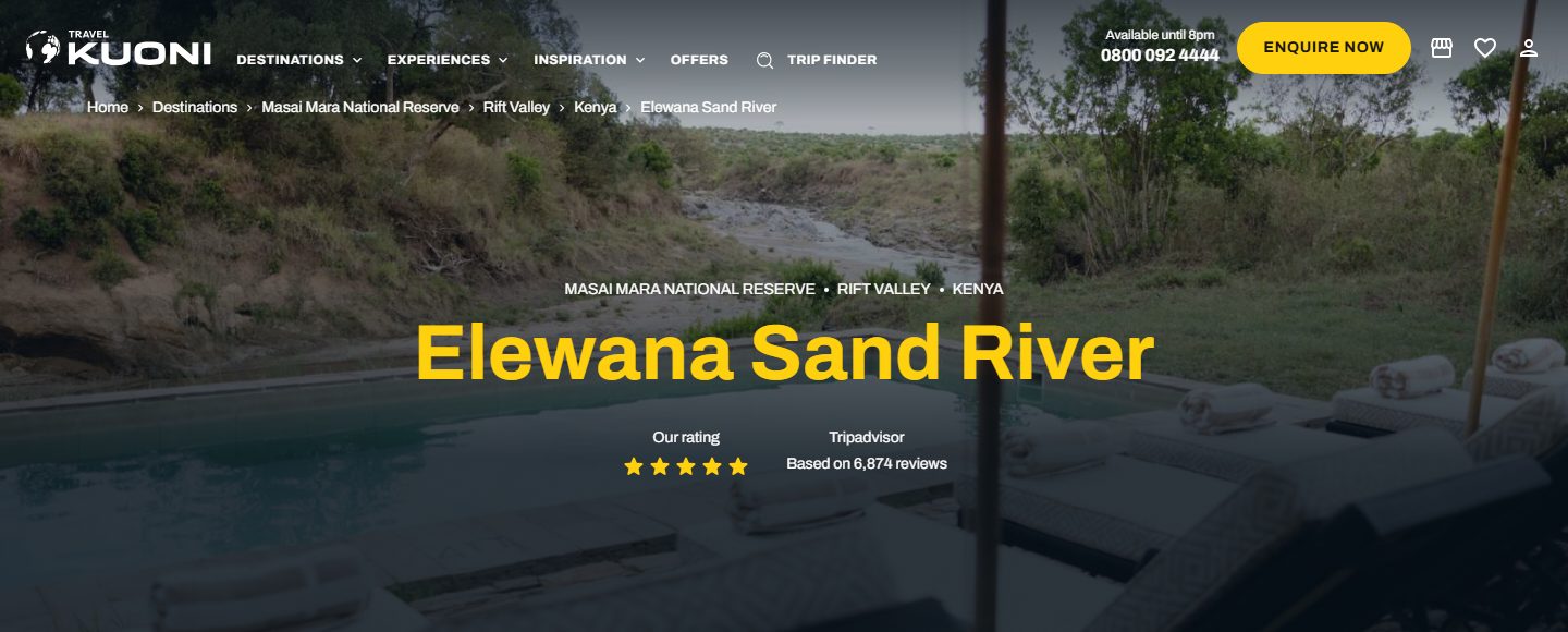 The hotel hero: a full-width photo with the site header over it, a breadcrumb, three badges, the destination line, the hotel name in yellow, a five-star “Our rating” and a Tripadvisor review count.