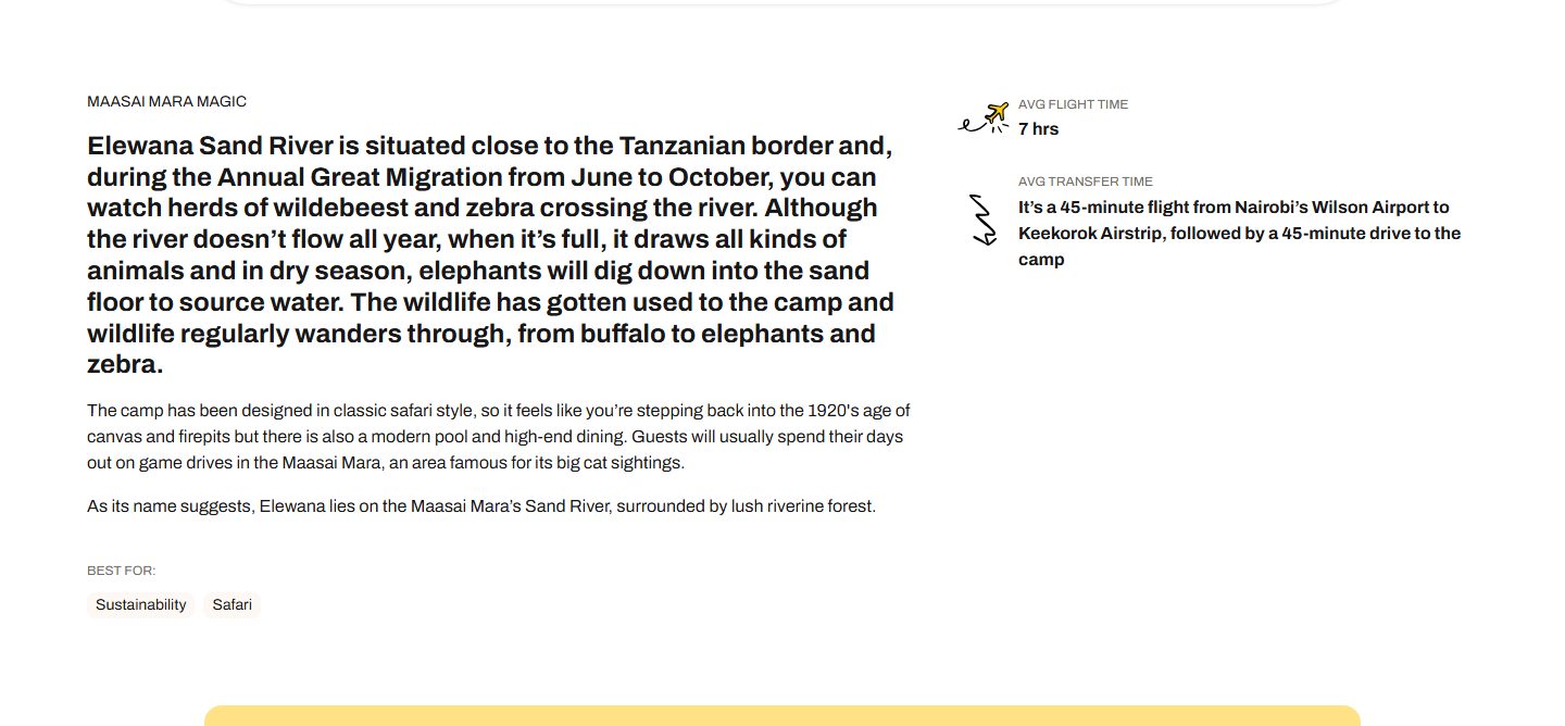 The overview band: a bold lead paragraph and two shorter ones on the left, an illustrated facts column on the right listing what’s included, flight time, transfer time and setting, and a row of best-for tags underneath.