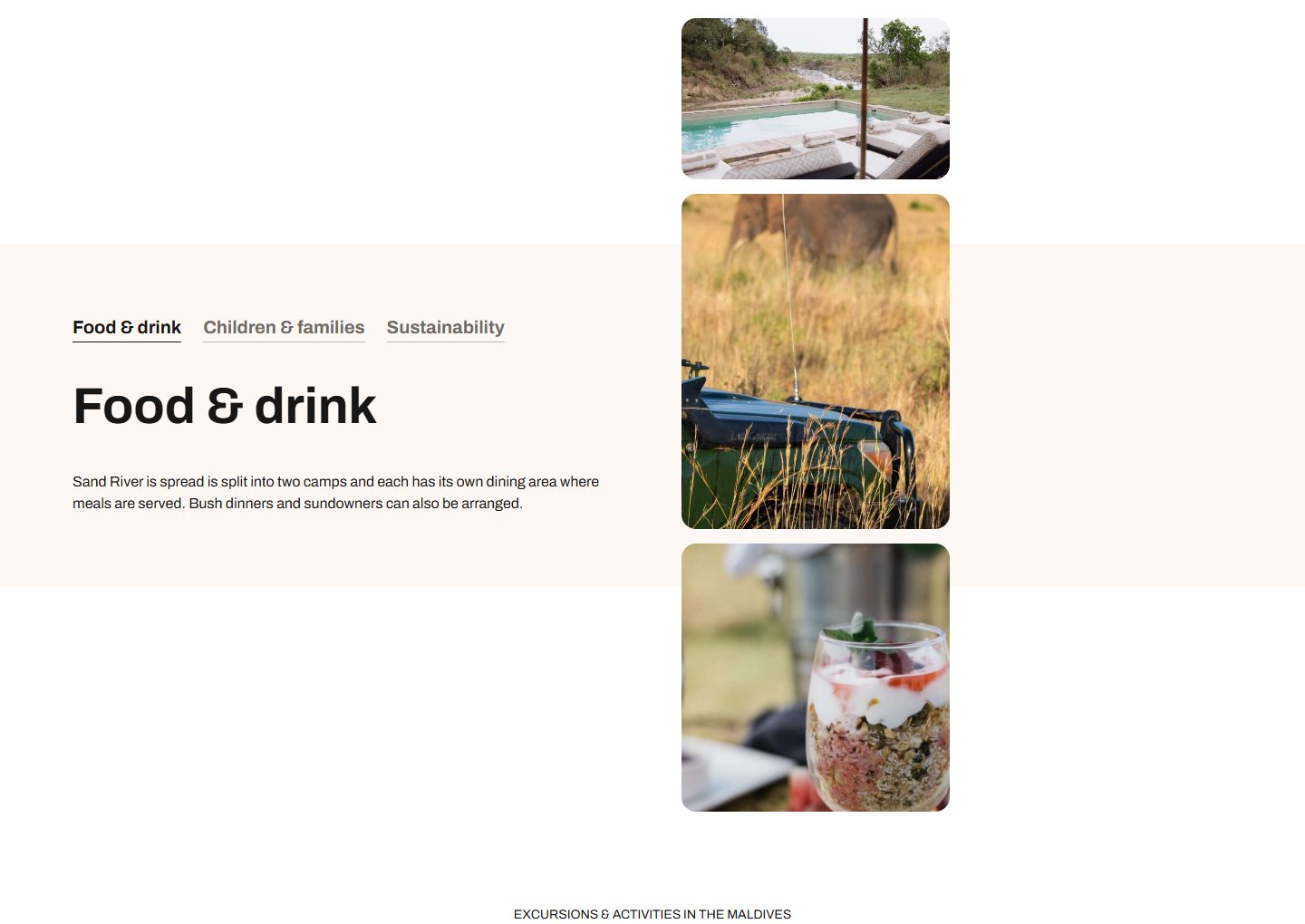 The facilities band with tabs across it — food and drink, spa, fitness and the rest — and the prose for the open tab beside a grid of photos.