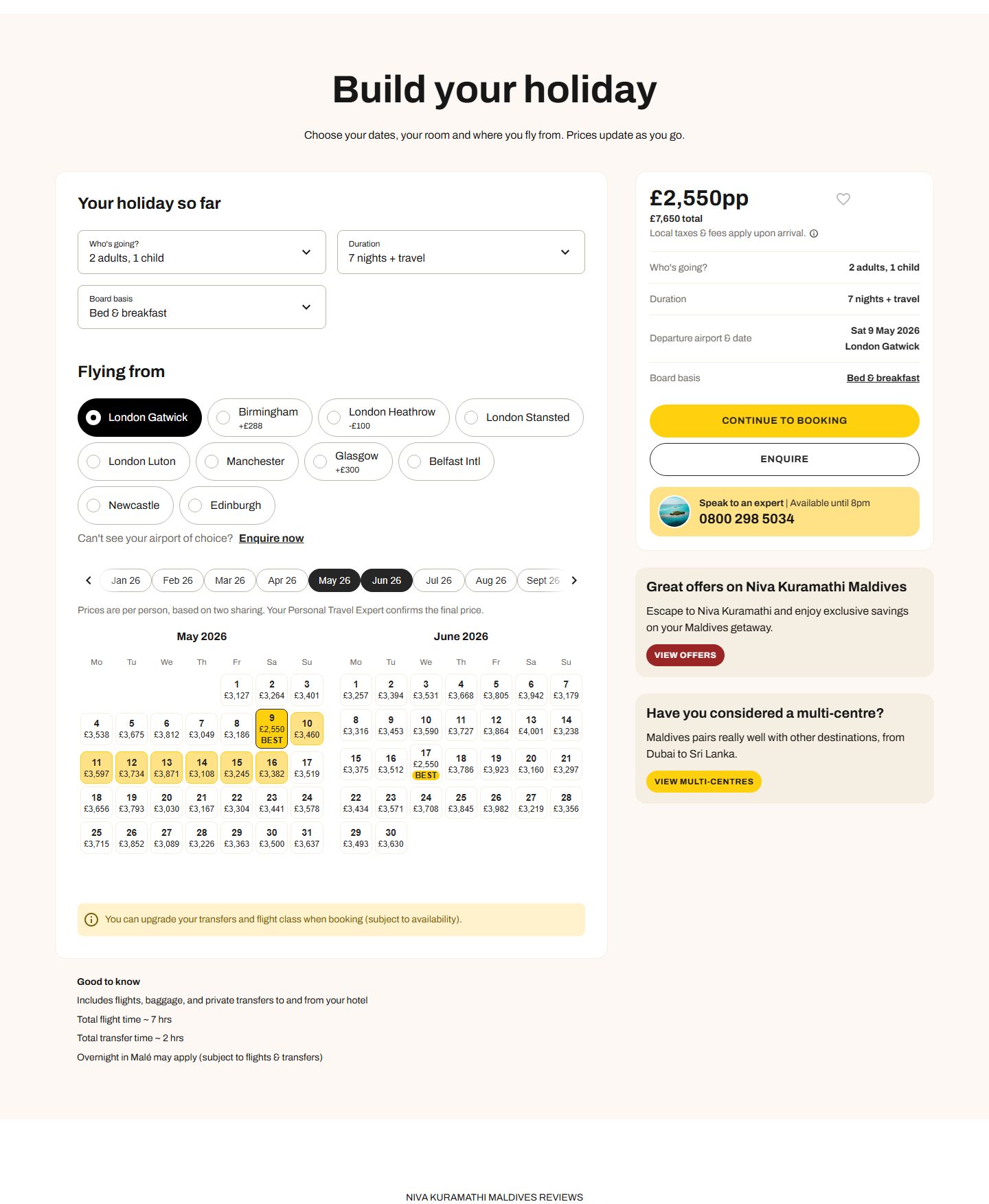 The booking configurator: a heading and introduction, the choices made so far, a departure-airport picker, a price calendar with a note under it, and a good-to-know list.