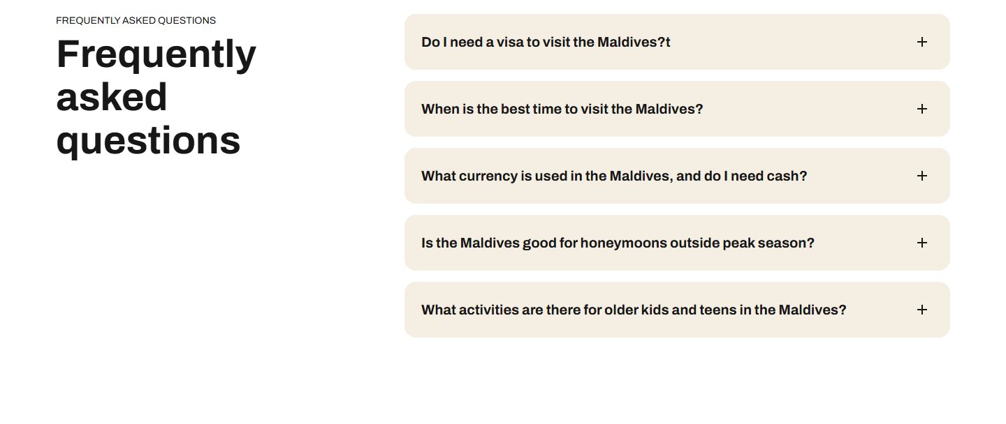 The FAQ band: a heading over a list of collapsed questions, each a row that opens to reveal its answer.