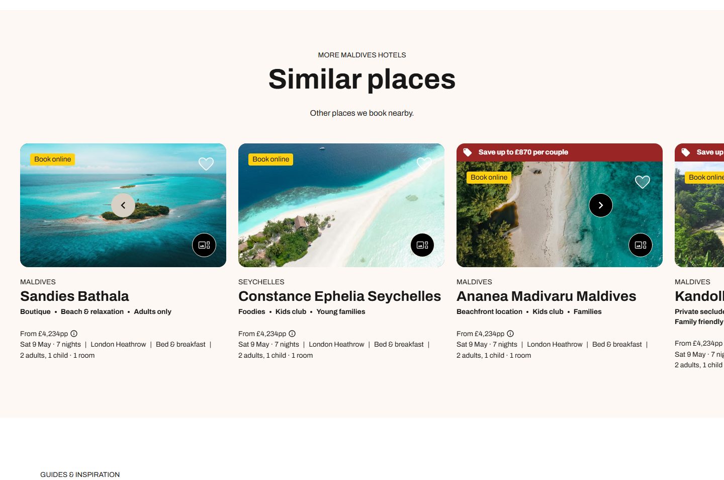 A row of hotel cards under the heading “Similar places”, each with a photo, a name, a rating and a from-price.
