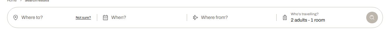 The search bar across the top of the results page, with four segments — Where to?, When?, Where from? and Who's travelling? — and a round search button on the right.