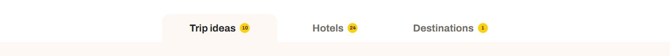 Three tabs — Trip ideas 10, Hotels 24, Destinations 1 — with Trip ideas open.