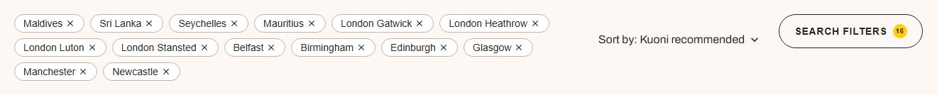A strip of removable pills naming the searched destinations and airports, with a 'Sort by: Kuoni recommended' control and a SEARCH FILTERS button on the right.