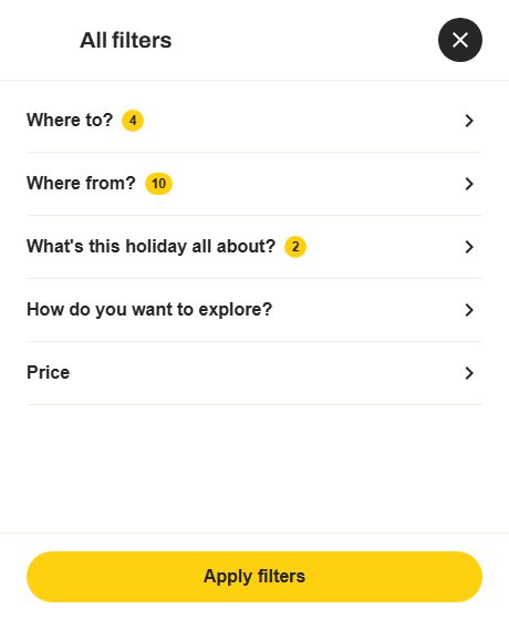 The 'All filters' drawer listing five groups — Where to?, Where from?, What's this holiday all about?, How do you want to explore? and Price — with an Apply filters button at the foot.