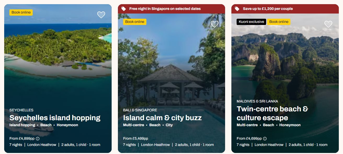 Three trip-idea result cards, each with a photo, an offer strip, badges, a destination, a title, tags and a from-price.