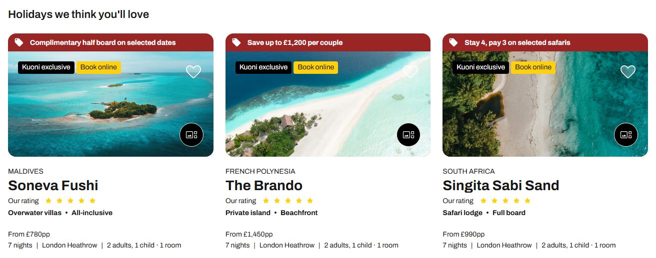 A titled row of three hotel cards below the results, each with an offer strip, badges, a name, a star rating and a from-price.
