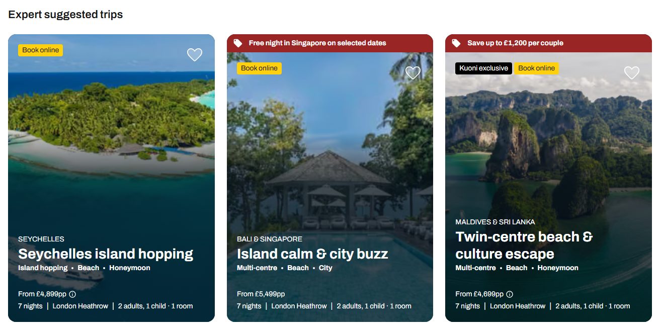 A titled row of three trip-idea cards below the offers row, each with a photo, a destination, a title, tags and a from-price.